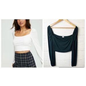 Sunday Best Prairie Long Sleeve Crop Top Dark Emerald Green M - Ribbed Modal